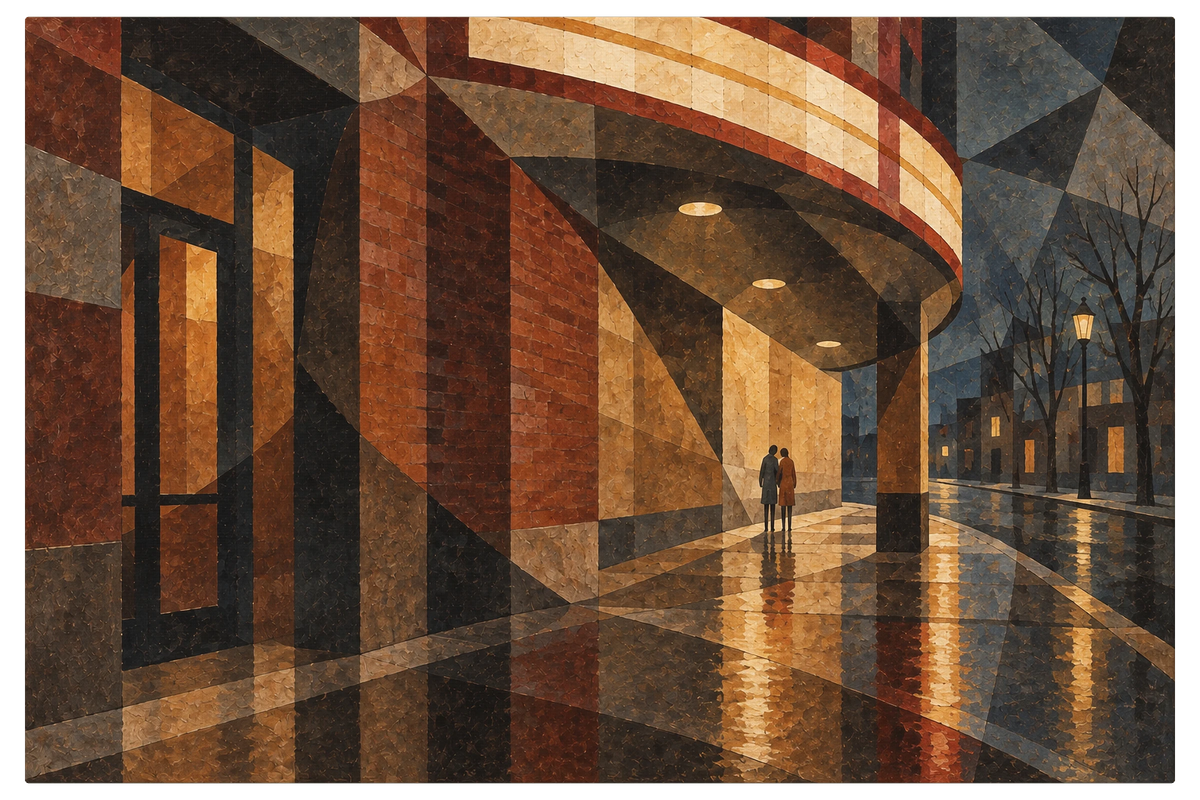 Lit cinema front with a curved marquee on a wet street at night, one figure waiting under the lights, shown as the object on gallery canvas, no frame