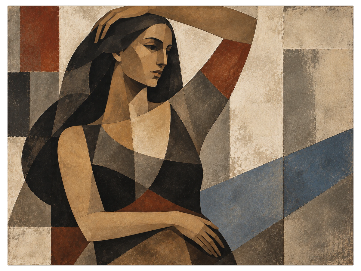 Woman leaning back with one arm raised to her hair, dark hair falling forward, in clay, bone and slate planes, shown as the object on gallery canvas, no frame