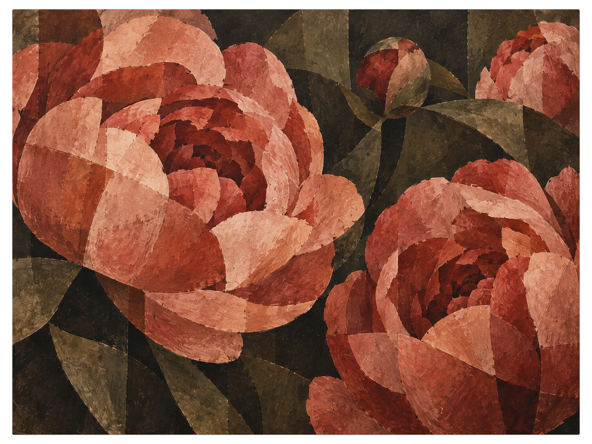 Peonies filling the whole canvas in rose and coral with dark green leaves closing the spaces between them, shown as the object on gallery canvas, no frame