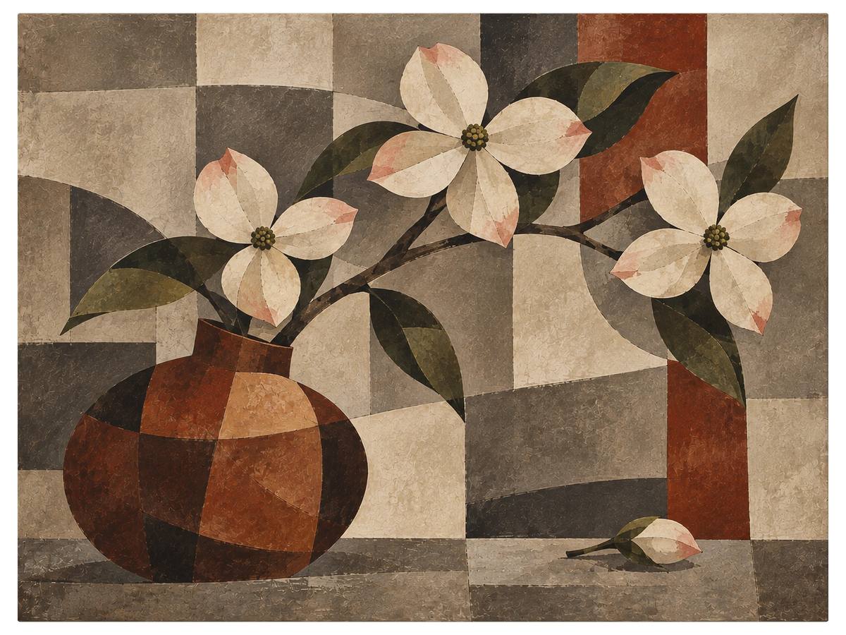Dogwood branches in a dark round vase with three white blooms up and one lying on the table below, shown as the object on gallery canvas, no frame