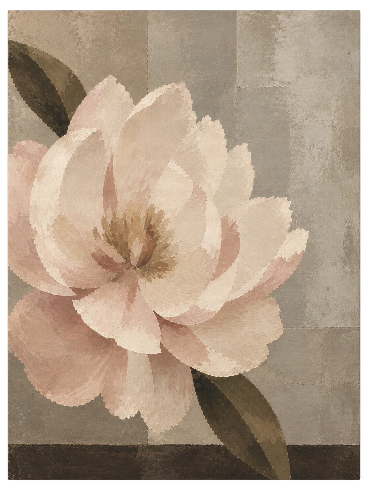 Single pale peony opening in soft rose and cream with two dark green leaves behind it, on a gray ground, shown as the object on gallery canvas, no frame