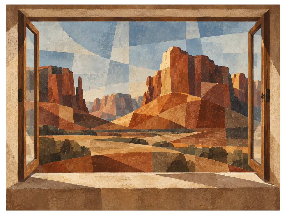 Open wooden window onto red sandstone buttes in morning light with scrubland running out toward them, shown as the object on gallery canvas, no frame