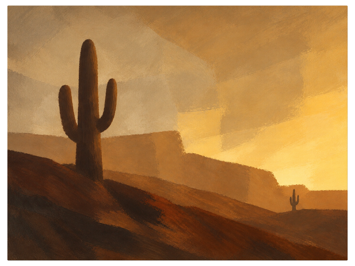 Saguaro cactus standing in silhouette against a gold desert sky, a second one small and far off across a ridge, shown as the object on gallery canvas, no frame