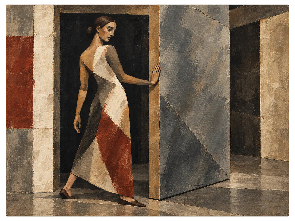 Woman pausing in a doorway with one hand flat on the frame, mid step, in a long faceted dress, shown as the object on gallery canvas, no frame