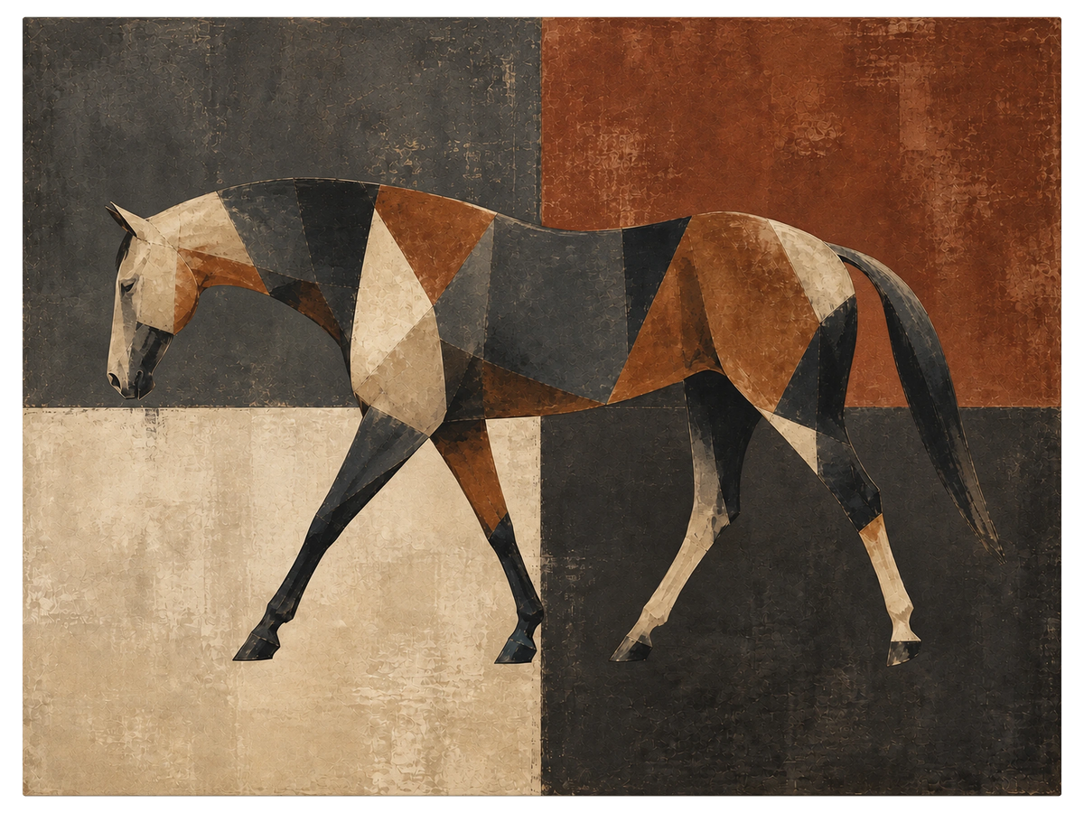 Horse walking with its head lowered, unhurried, across flat panels of bone, rust and near black, shown as the object on gallery canvas, no frame