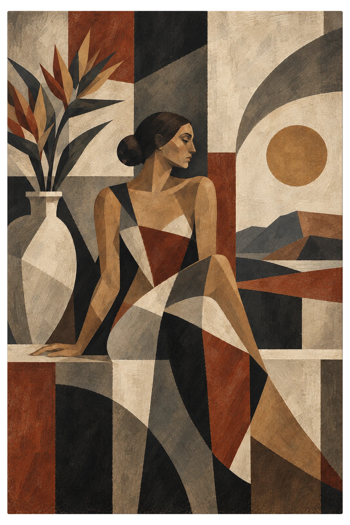 Woman seated by a window with a tall vase of strelitzia beside her and a low sun outside, shown as the object on gallery canvas, no frame