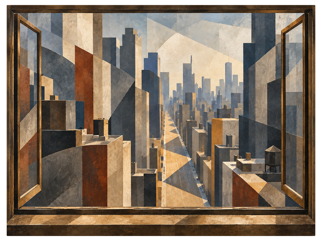 Open window onto a city avenue running straight into the distance between tall buildings at sunrise, shown as the object on gallery canvas, no frame