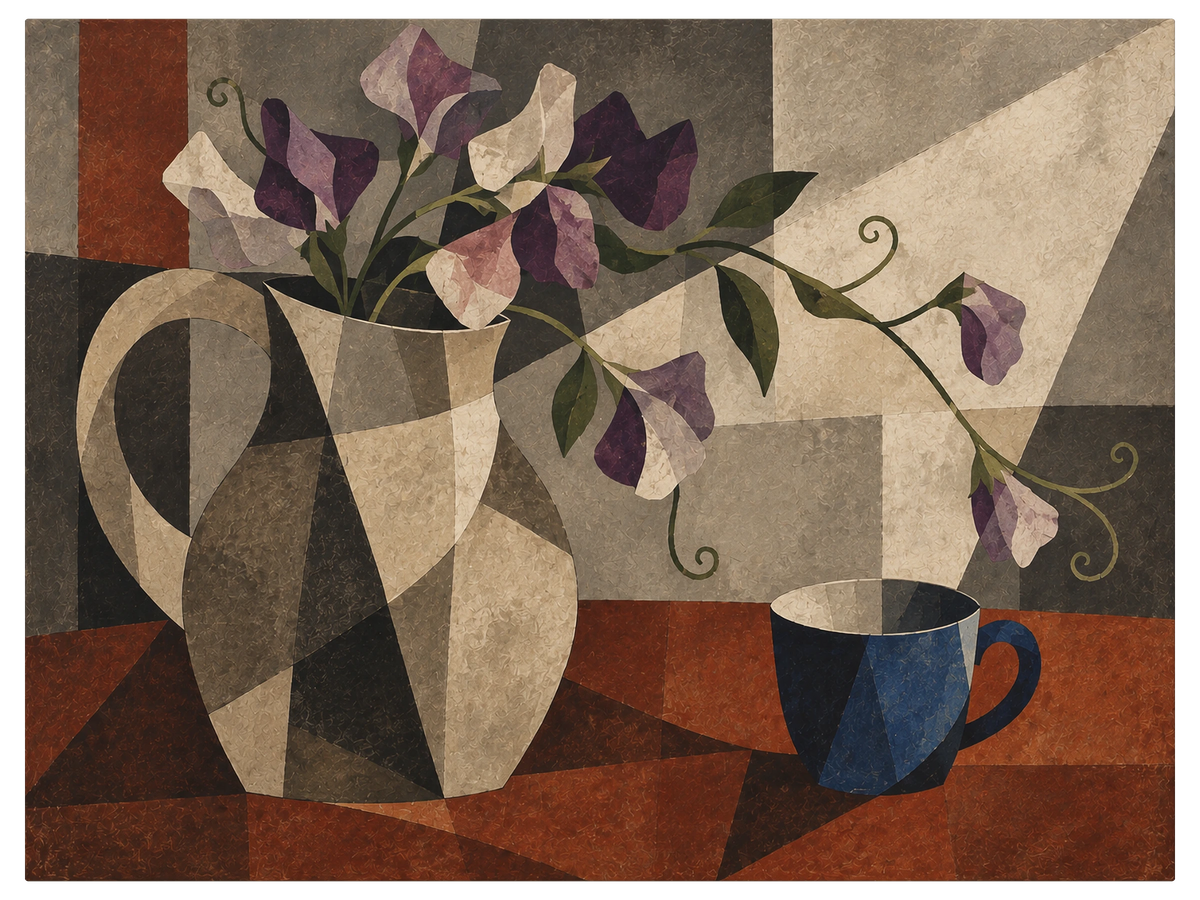 Sweet peas in a pale faceted jug beside a single blue cup, on a table of rust and clay blocks, shown as the object on gallery canvas, no frame