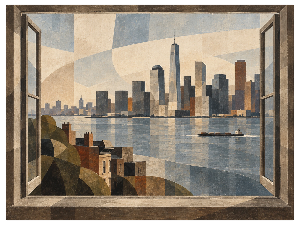 Open window onto a city skyline across a wide river, a barge crossing the water below, shown as the object on gallery canvas, no frame