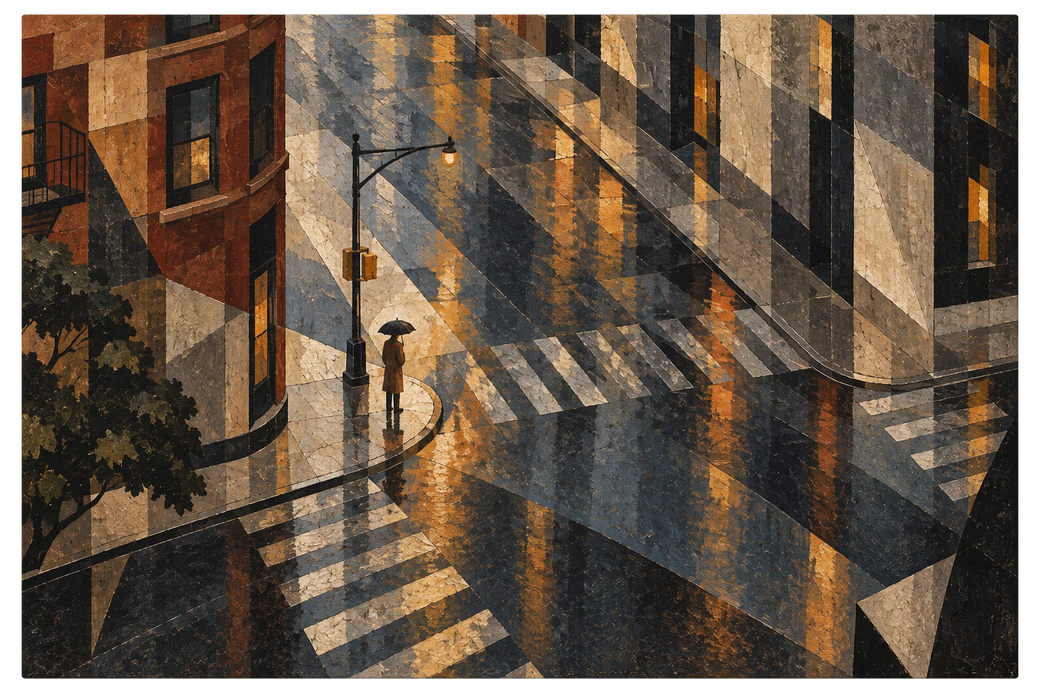 Wet city crossing before the day starts, one figure under an umbrella, streetlights still on, shown as the object on gallery canvas, no frame