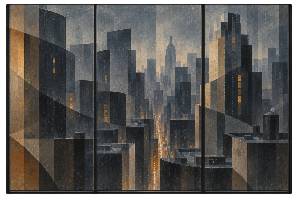 City at night seen through three tall window panes with rain on the glass and lit avenues running below, shown as the object on gallery canvas, no frame