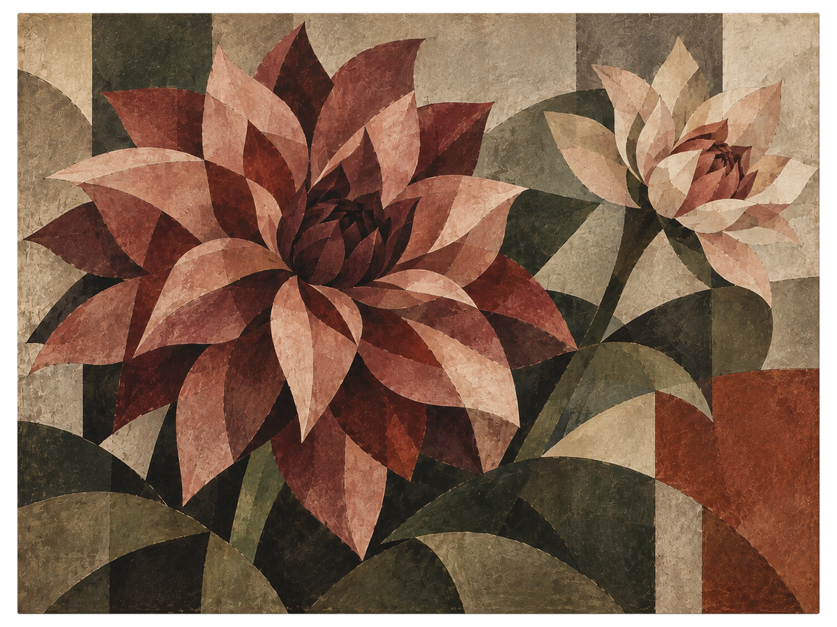 Two dahlias side by side, one deep wine and fully open, the other pale pink and just unfolding, shown as the object on gallery canvas, no frame