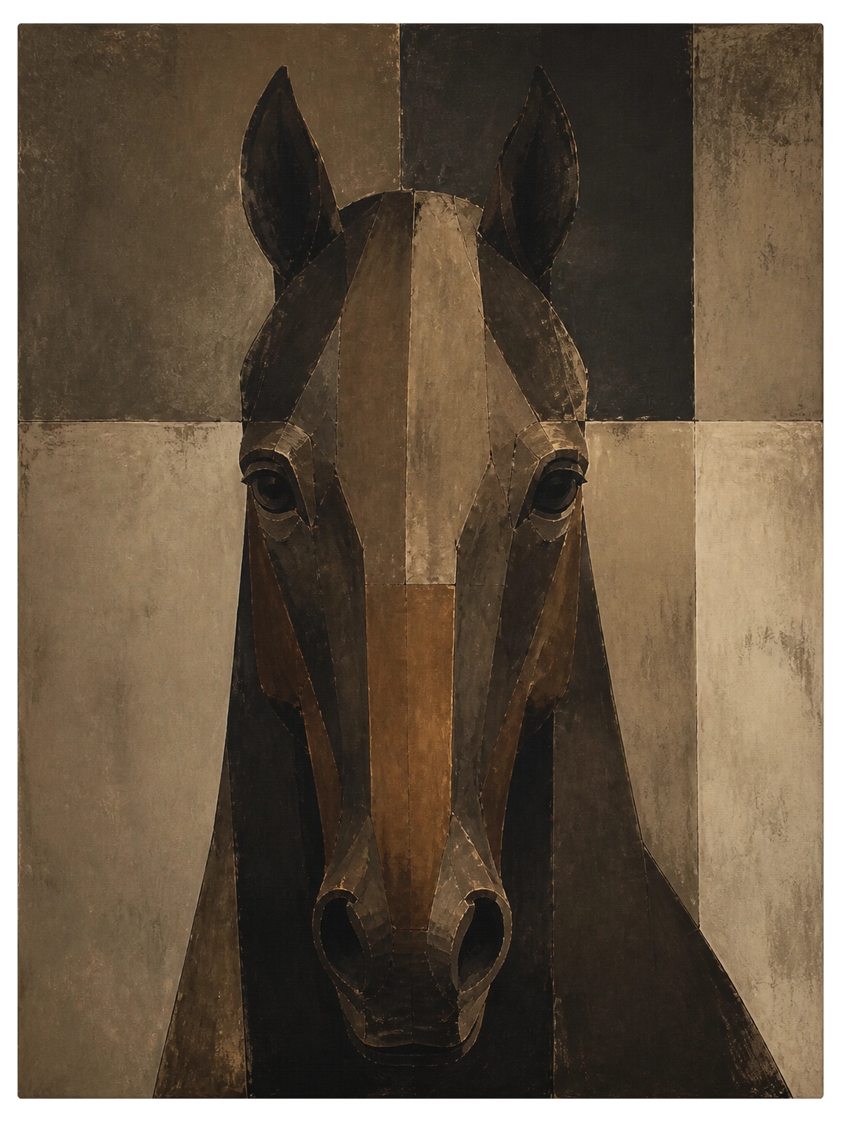 Dark horse head seen straight on with both ears up, looking directly out at the viewer, shown as the object on gallery canvas, no frame