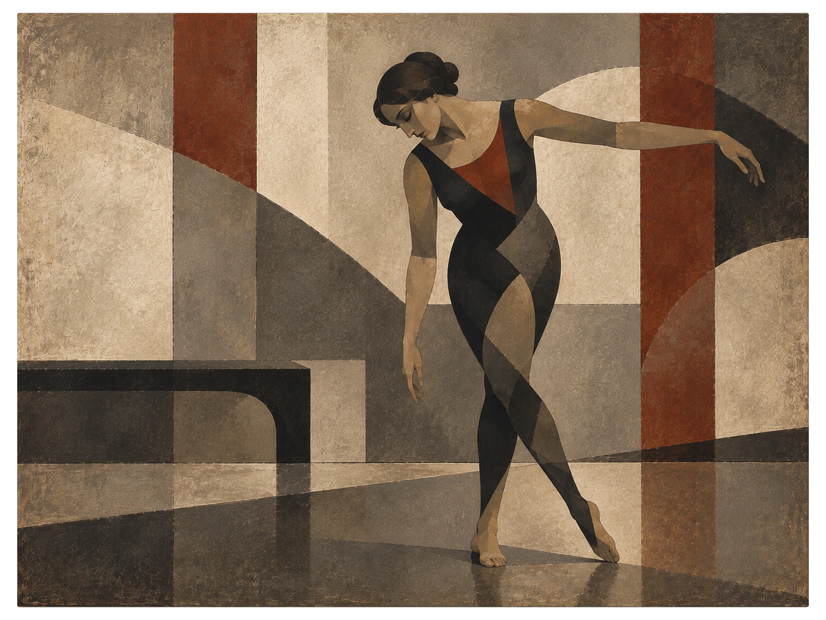 Dancer bowing at the end of a performance with one arm swept out and her head lowered, shown as the object on gallery canvas, no frame