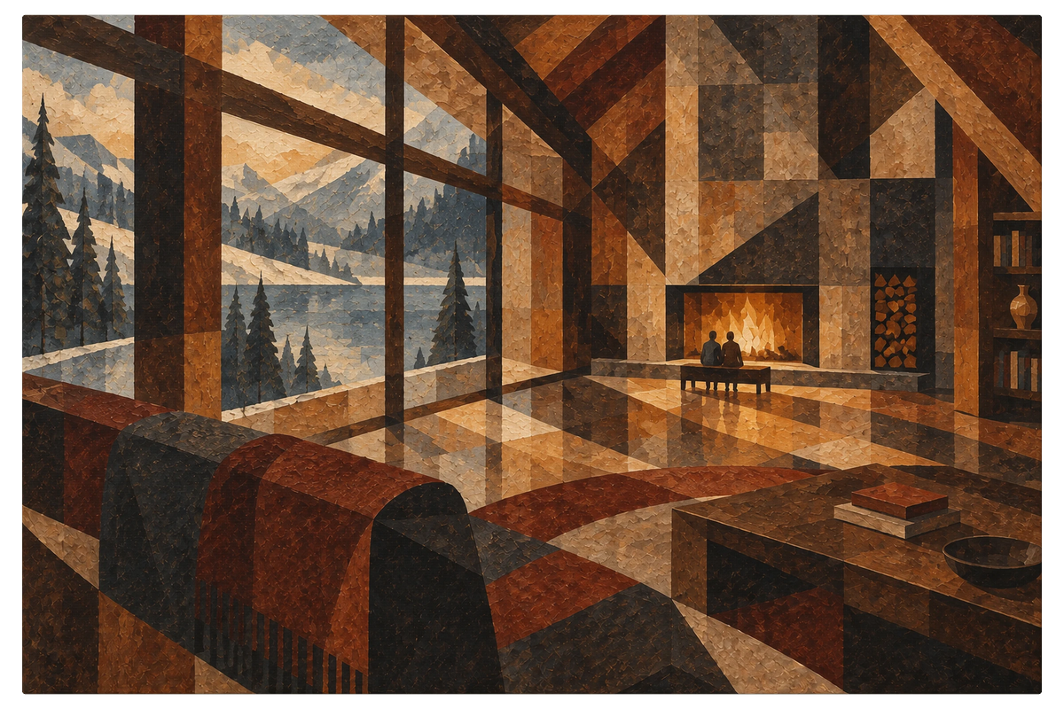 Lodge interior with a lit fire, tall glass onto a mountain lake and two figures seated by the hearth, shown as the object on gallery canvas, no frame