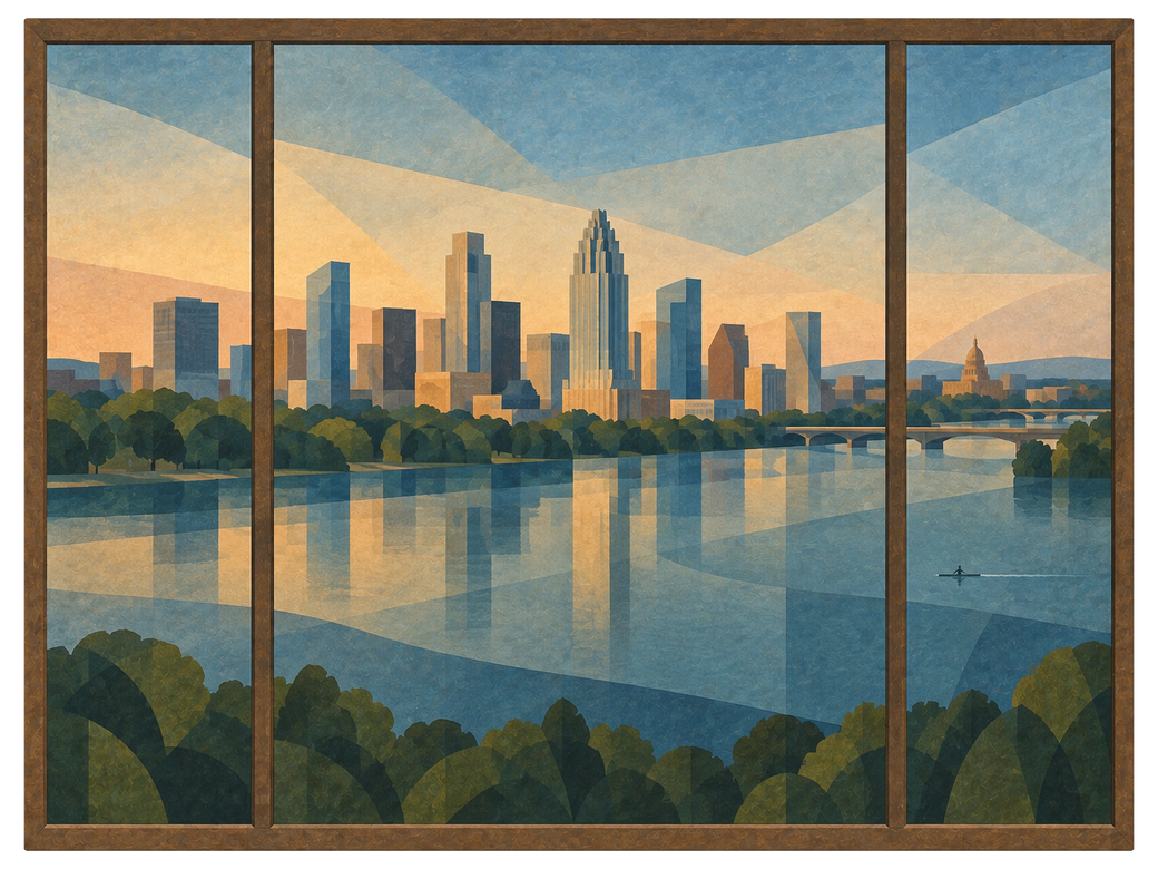 Window onto a city lake early in the day with the skyline reflected and a single kayak on the water, shown as the object on gallery canvas, no frame