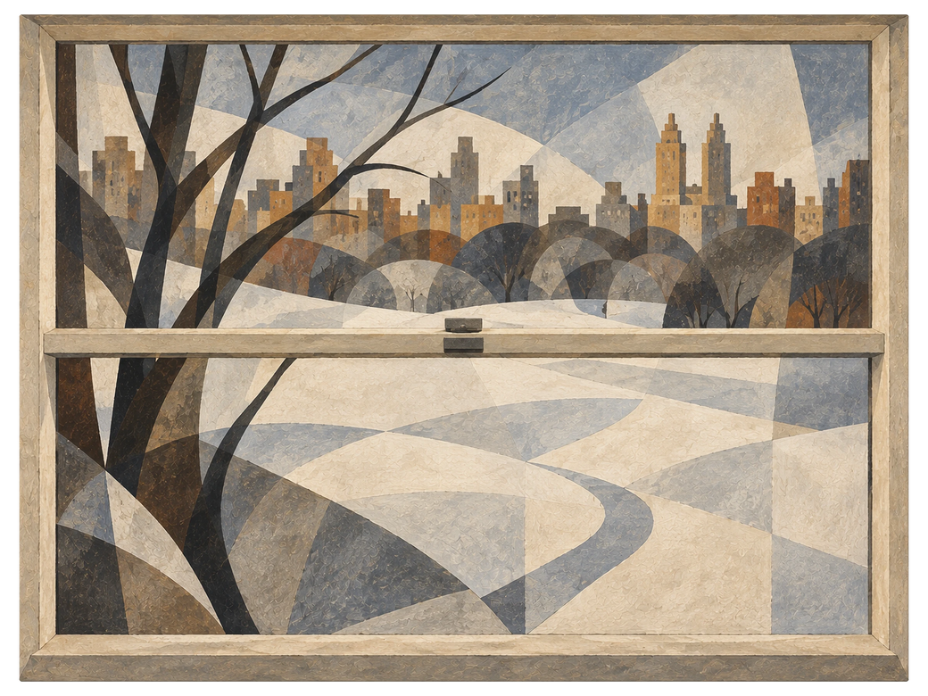 Window onto a snow-covered city park with bare trees, an arched bridge and a pale skyline behind, shown as the object on gallery canvas, no frame