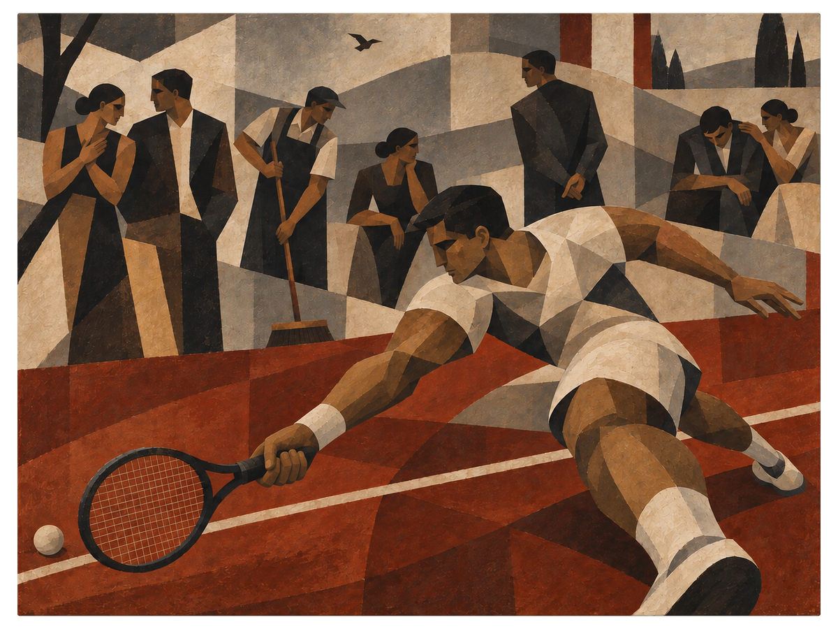 Tennis player fully extended for a low ball on a clay court with spectators standing close behind, shown as the object on gallery canvas, no frame