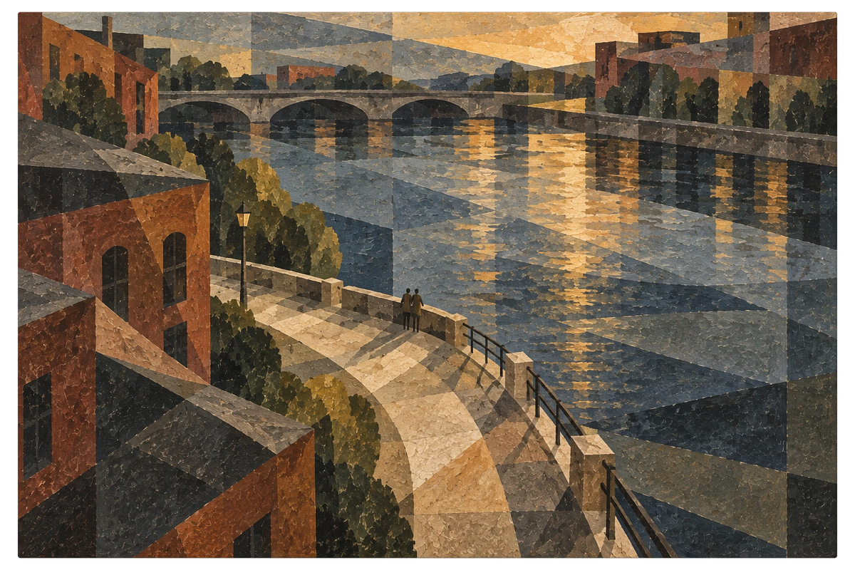 River embankment at sunset with a stone arched bridge, warm brick buildings and a figure sitting on the wall, shown as the object on gallery canvas, no frame