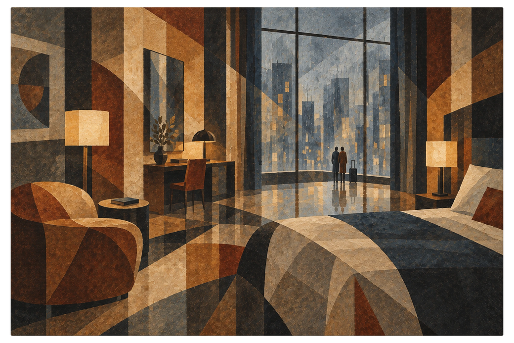 Hotel room at night with lamps lit, a made bed in the foreground and two figures at the window over the city, shown as the object on gallery canvas, no frame