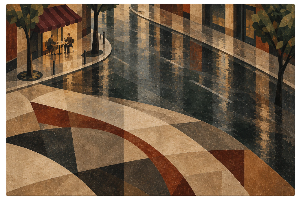 Wet street curving past a red cafe awning with two figures at a table under the trees, shown as the object on gallery canvas, no frame
