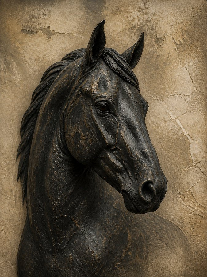 A close portrait of a black horse against a weathered mineral background.