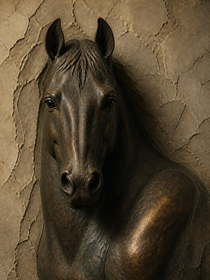 A frontal bronze-toned horse portrait against a cracked earth-toned background.