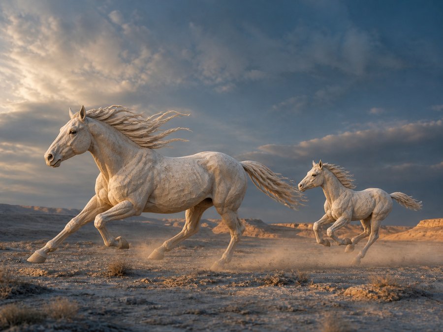 Two pale horses running across desert ground beneath a deep blue sky.
