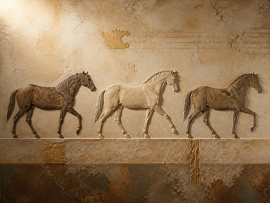 Three horses with a relief-like appearance crossing a warm mineral field.
