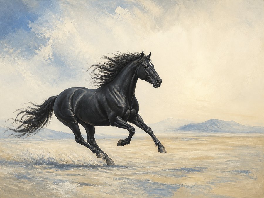 A black horse in full gallop across an open pale landscape beneath a bright sky.
