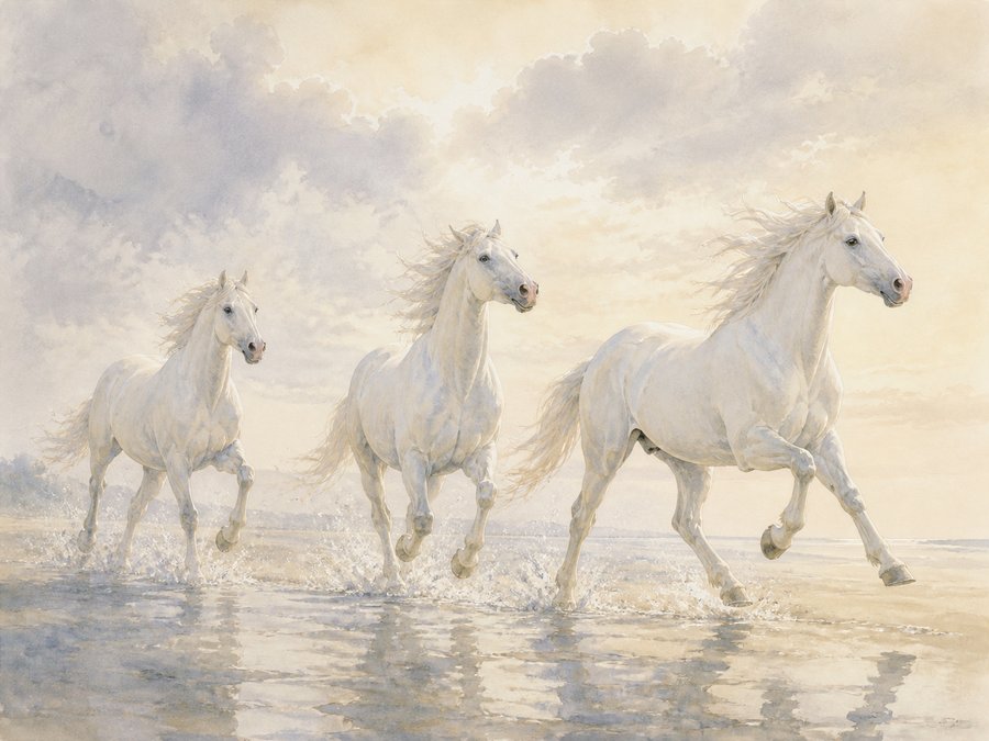 Three white horses running together through pale water beneath a bright sky.