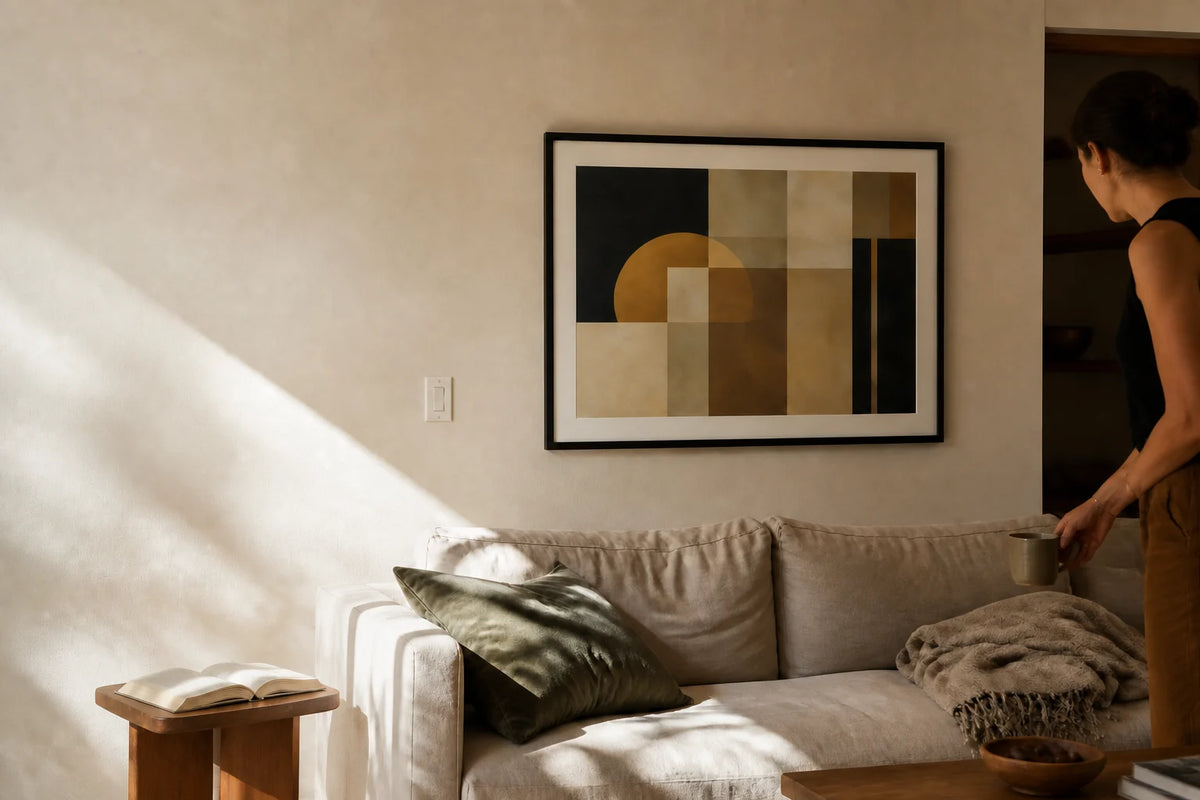 A lived-in room crossed by morning light, with a person setting down a cup beside a framed geometric artwork.