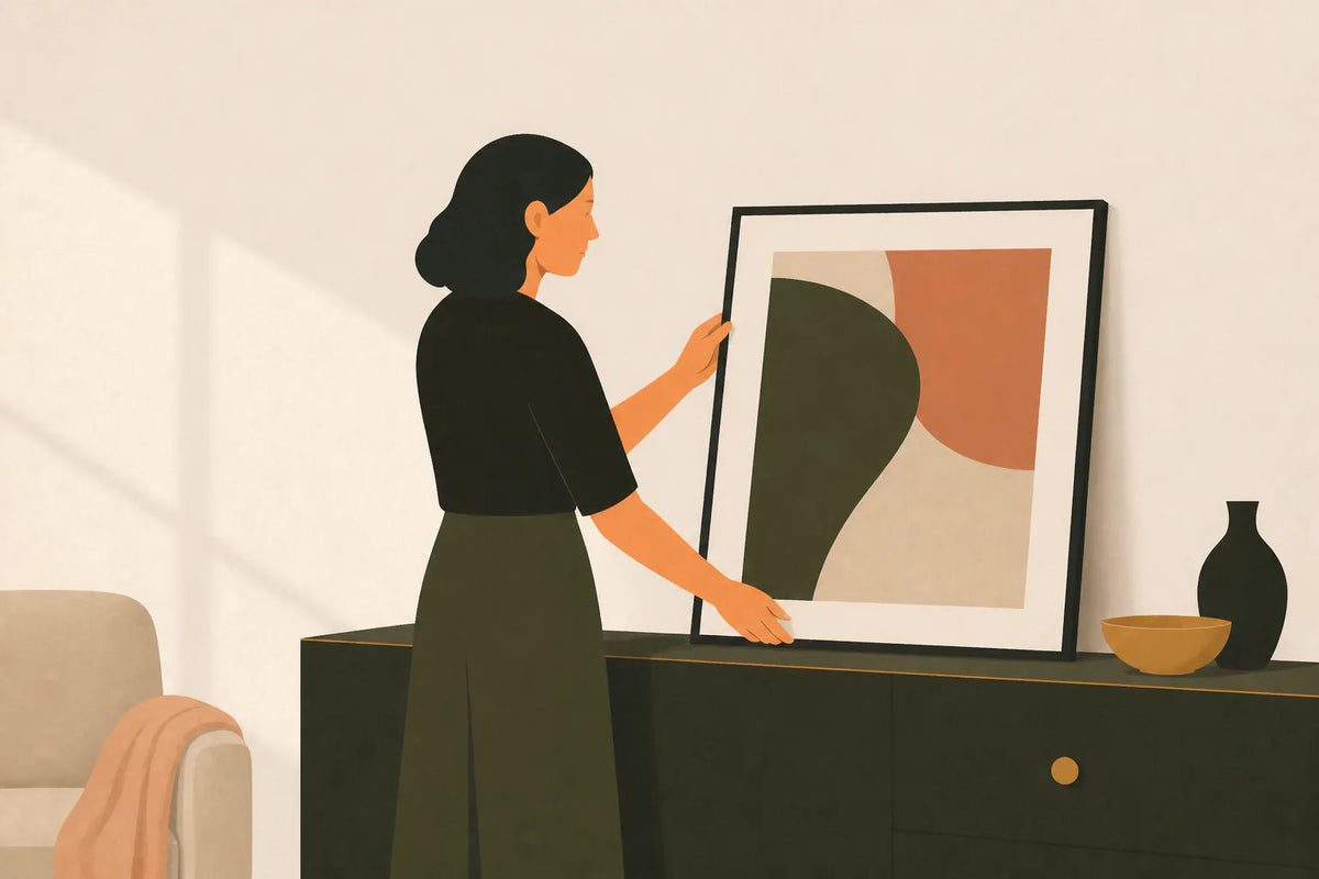 A person at home gently holding a framed artwork against a sideboard while considering it