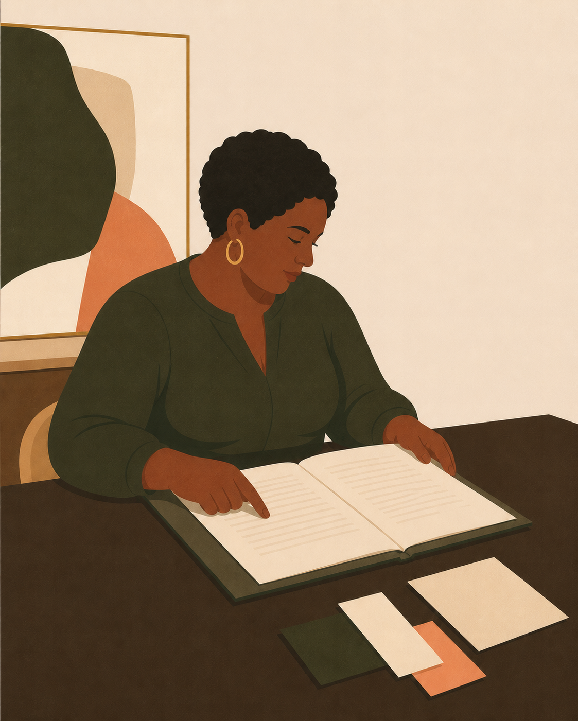A woman reads the complete terms at a table.