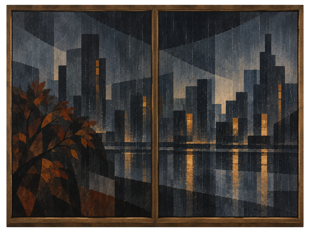 City skyline at dusk seen through two tall window panes with lit windows and rain on the glass, shown as the object on gallery canvas, no frame