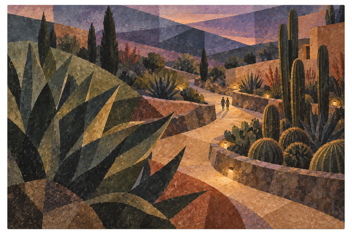 Desert garden at dusk with agave and cactus beside a lit path winding back toward violet hills, shown as the object on gallery canvas, no frame