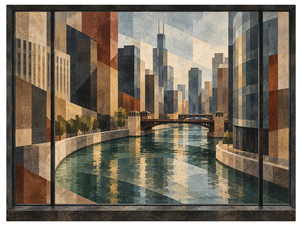 Window onto a green river running between city towers with a bridge crossing in the distance, shown as the object on gallery canvas, no frame