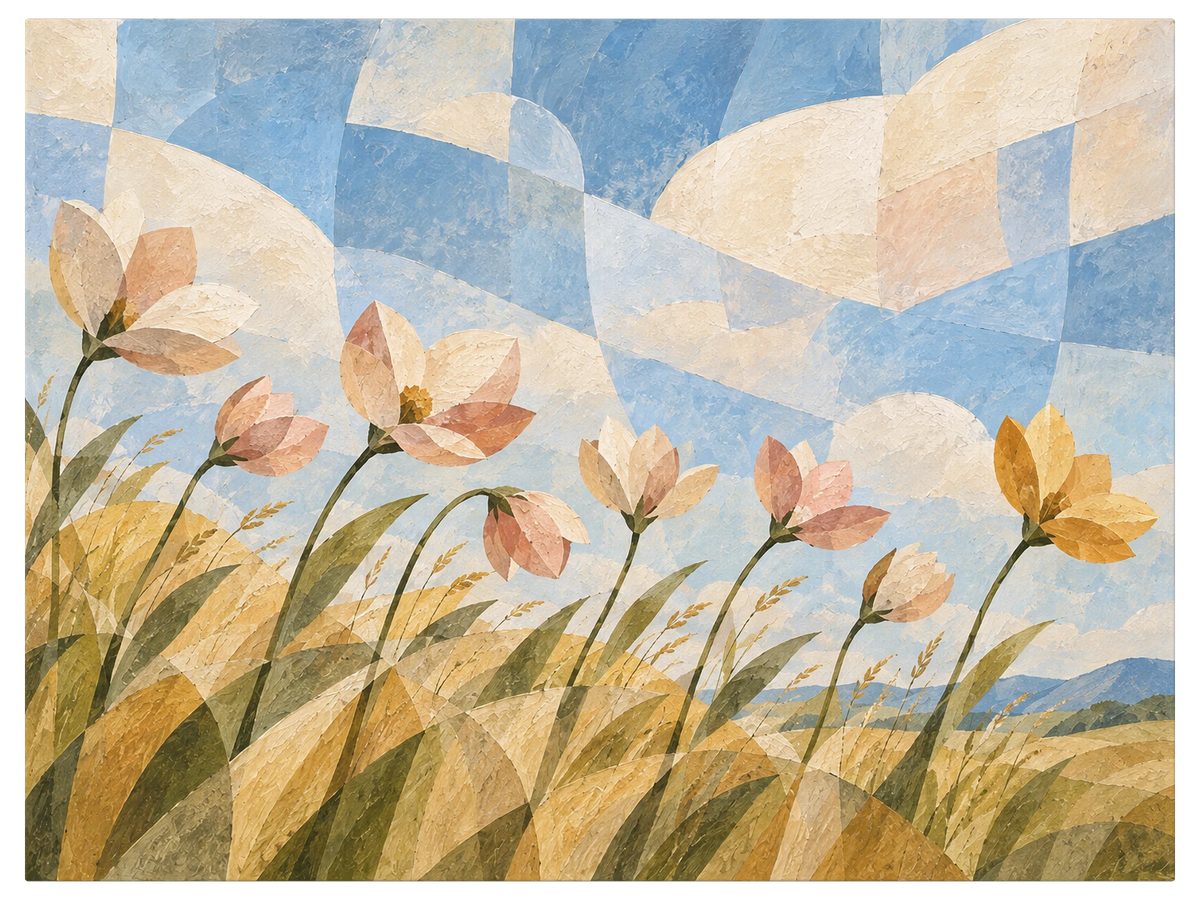 Pink and yellow cosmos on long stems leaning in the wind over a gold meadow under a faceted blue sky, shown as the object on gallery canvas, no frame