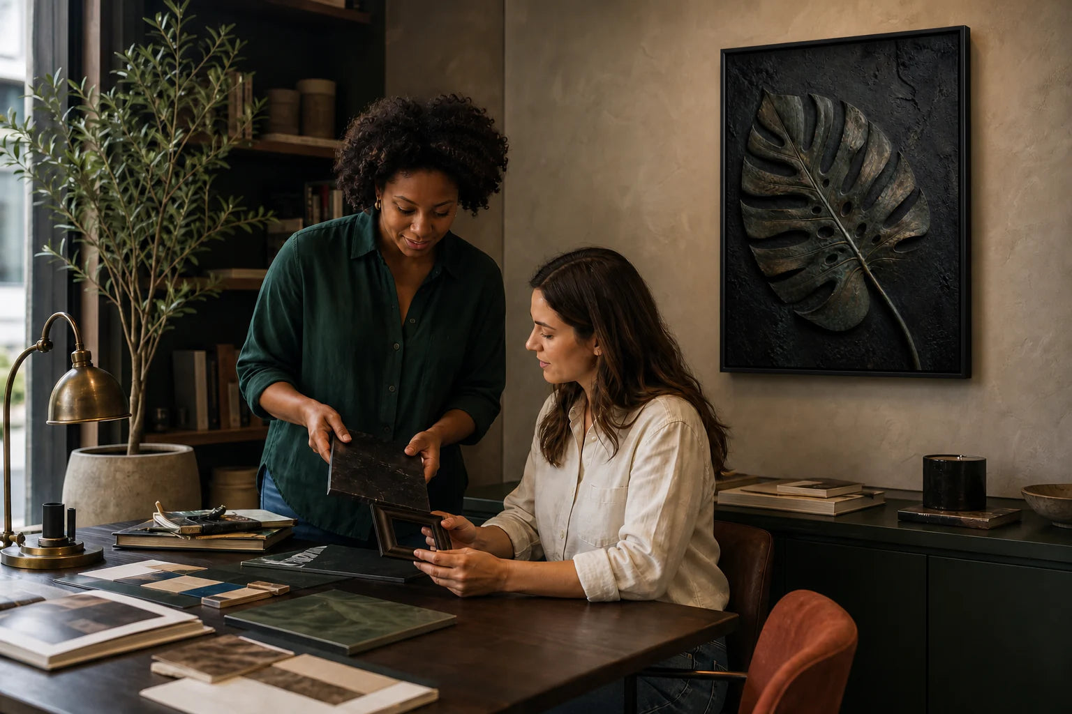 Illustrative consultation scene with two people beside Bronze Monstera; not documentary photography or a product photograph