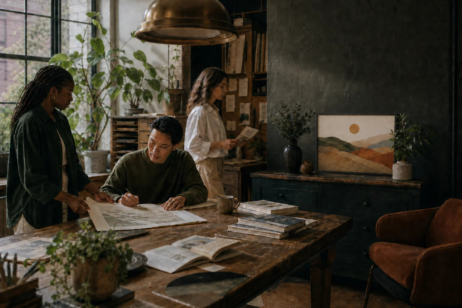 Illustrative studio scene with three people and Kindled Earth on a dark green wall; not documentary photography