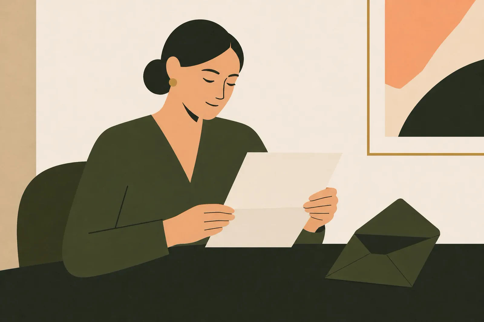 Editorial illustration of a woman reviewing a document beside a framed abstract artwork