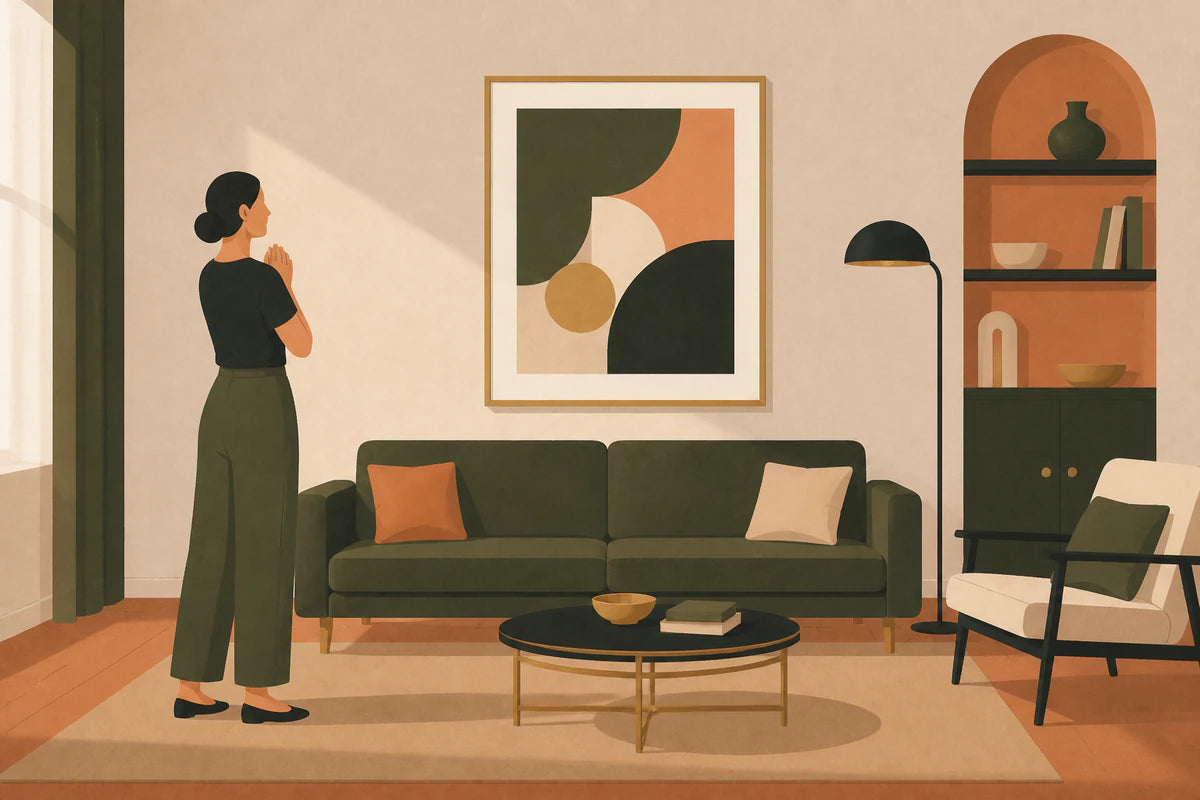 Editorial illustration of a warm living room with a green sofa, framed art, a lamp, books, and a person at home