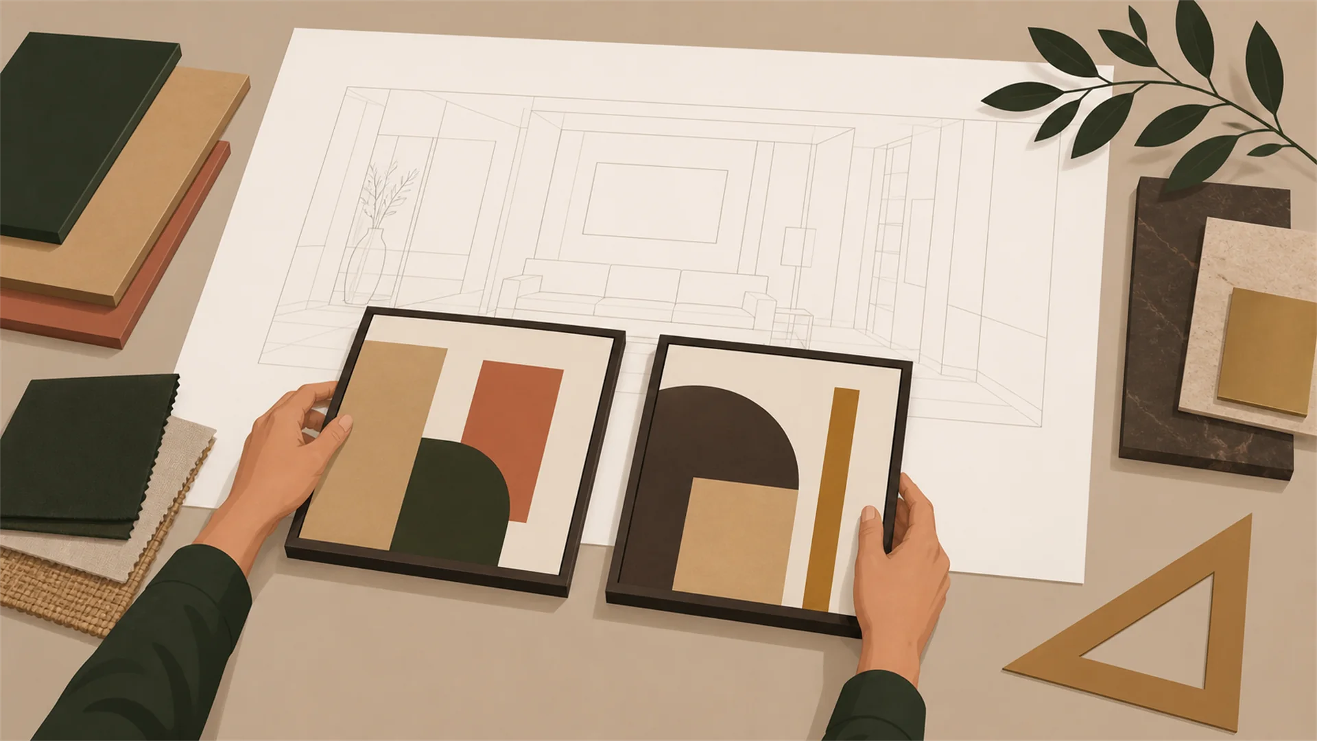 Editorial illustration of a designer comparing two framed artworks over a floor plan with material samples