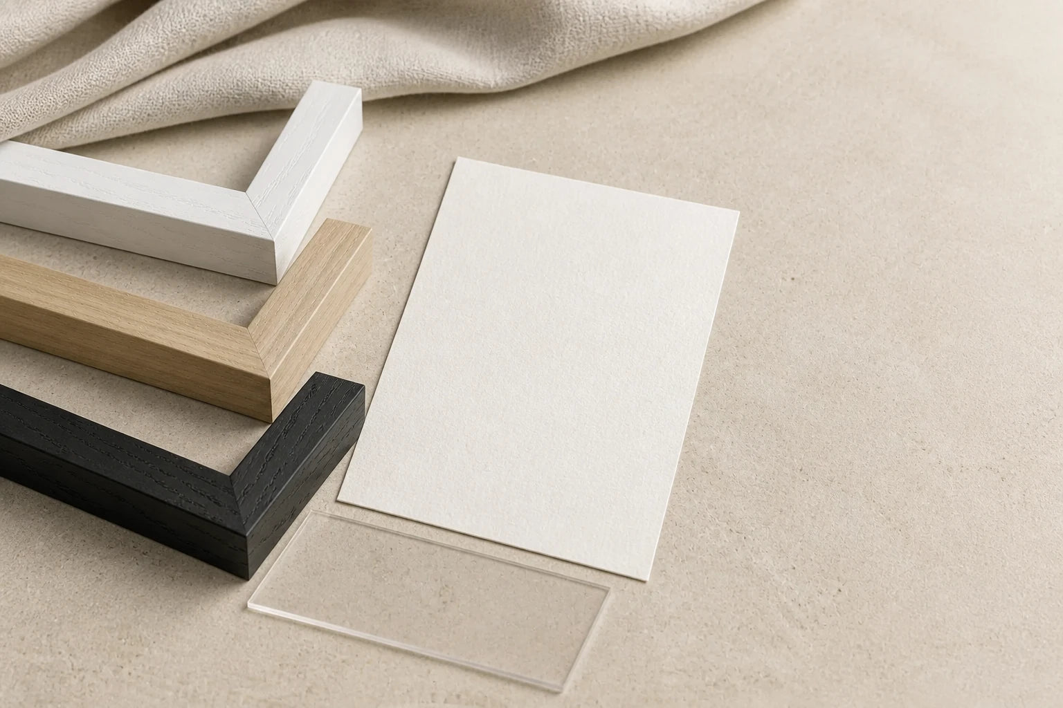 Editorial material study showing paper, frame corners and a transparent front layer