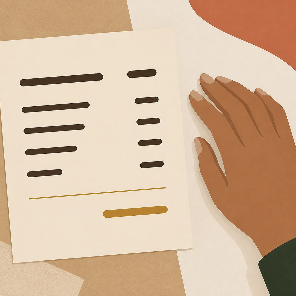 Editorial illustration of a hand reviewing an abstract order summary on a warm, layered desk.