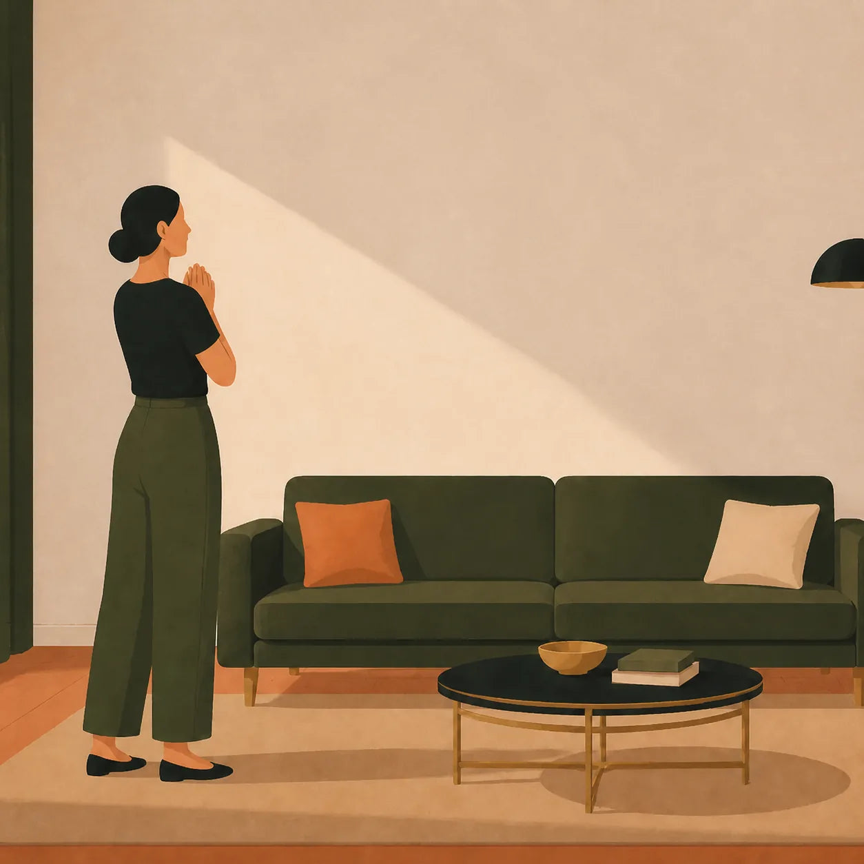 A woman pauses in a warm, light-filled living room.