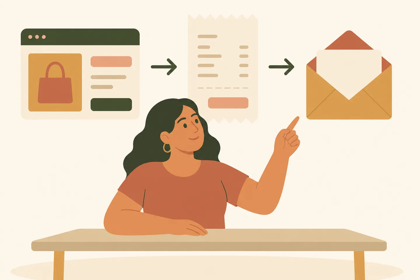 Editorial illustration of a woman following a path from a web page to a receipt and email