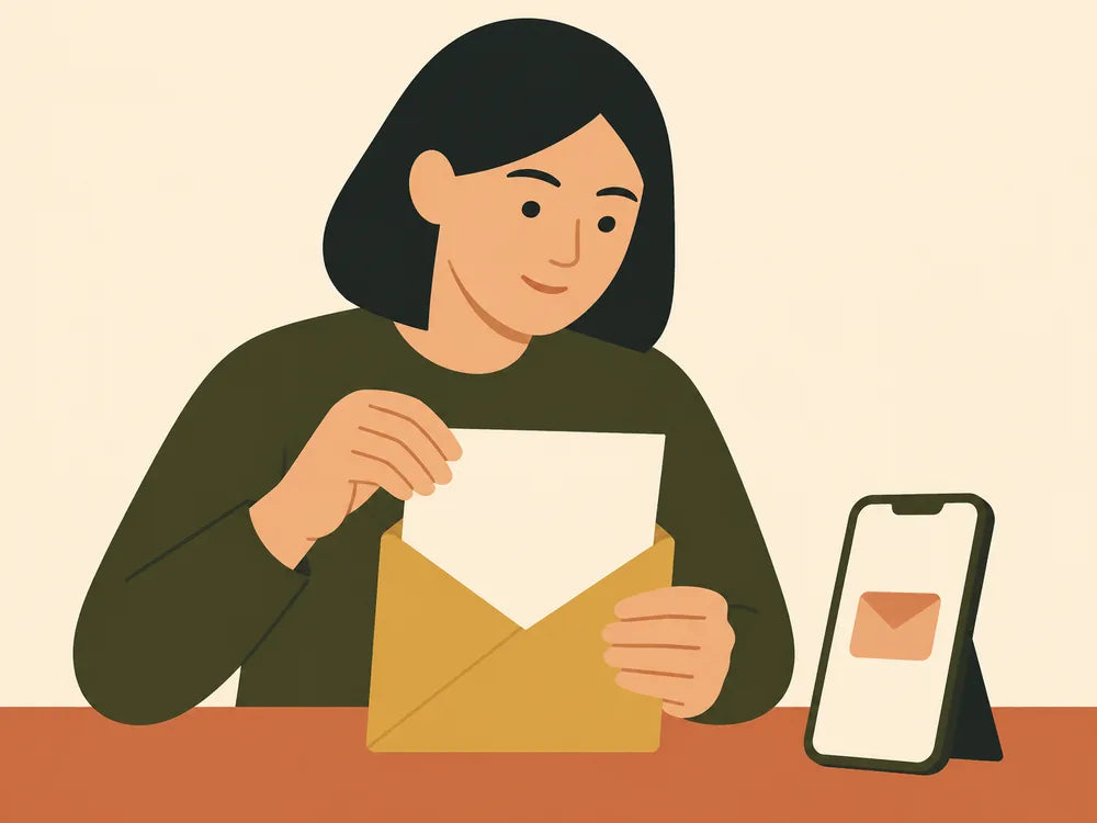 Editorial illustration of a woman opening an envelope beside a phone
