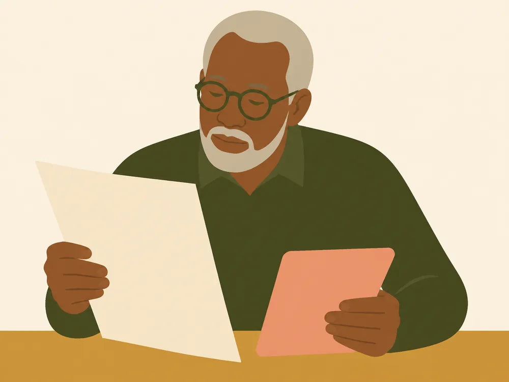 Editorial illustration of an older man comparing a paper summary with a tablet