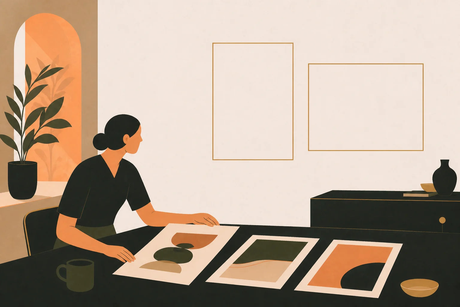 A woman comparing three artwork layouts at a table beside two empty frames on a warm interior wall